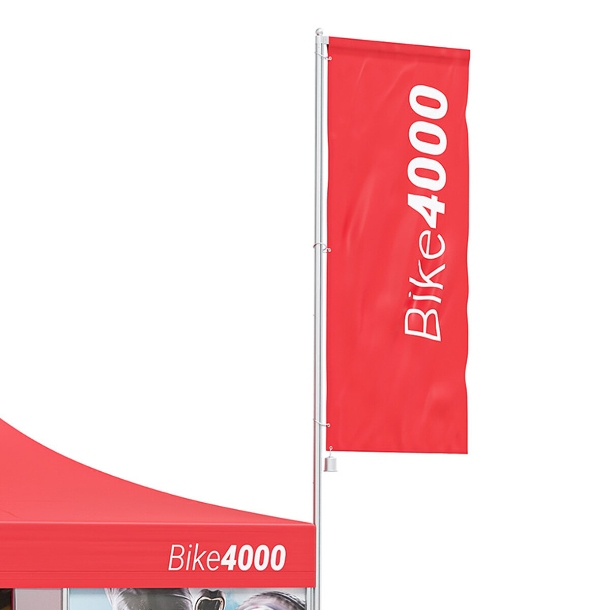 Make your folding tent an eye-catcher with our flag system. A promotional flag attached to a folding tent.